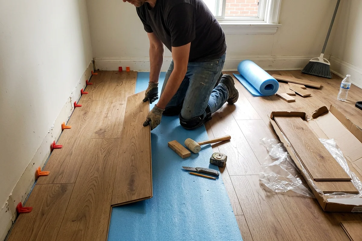 Laminate flooring installation Toronto: 12mm oak-look planks over underlayment