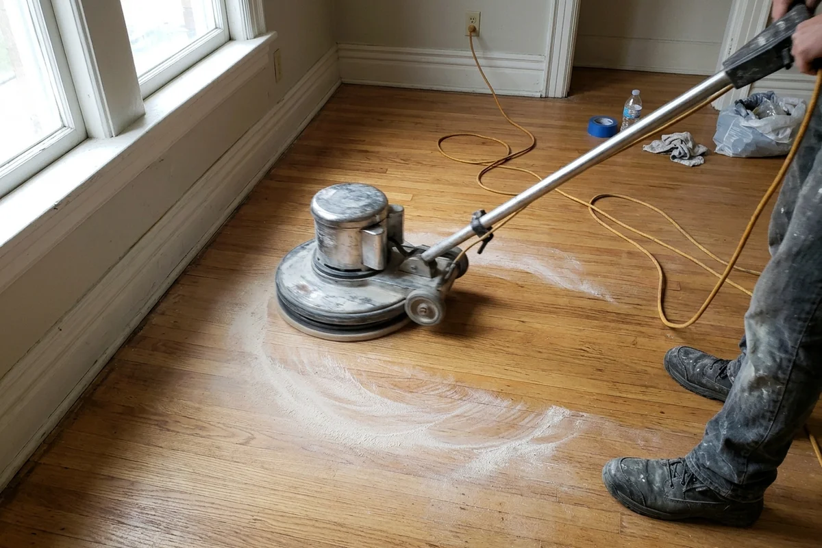 Screen and recoat Toronto: 17-inch orbital with a 180-grit screen on a dull oak floor