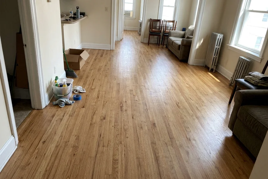 After hardwood refinishing Toronto: rental suite oak refresh in Bendale