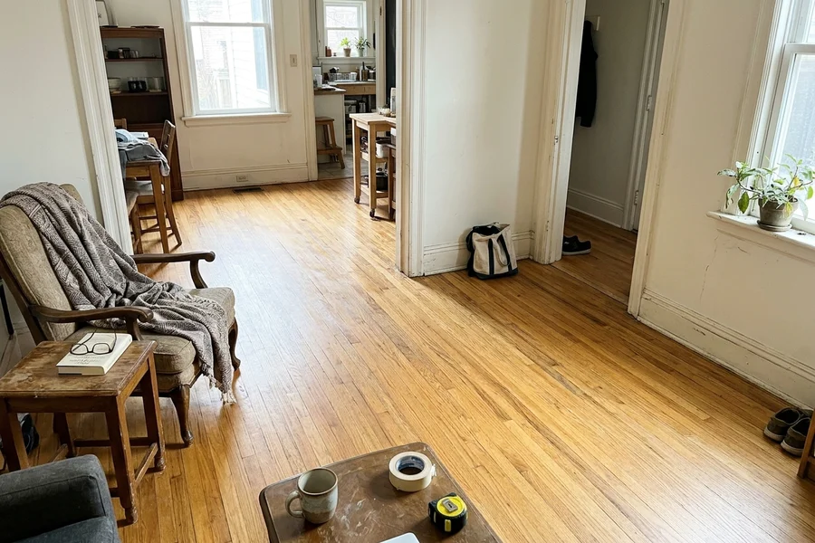 After hardwood refinishing Toronto: heritage strip oak with board repairs in Cabbagetown