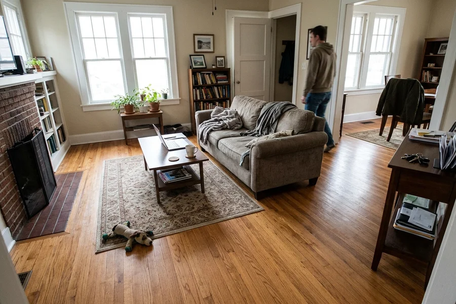 After hardwood refinishing Toronto: 1920s red oak living room in Rosedale