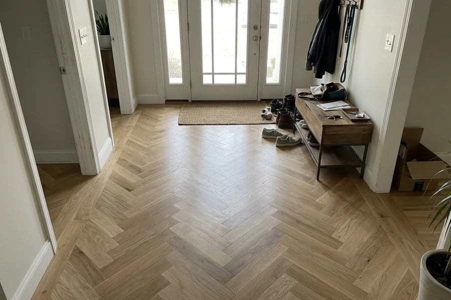 After hardwood refinishing Toronto: white oak herringbone entry in Erin Mills