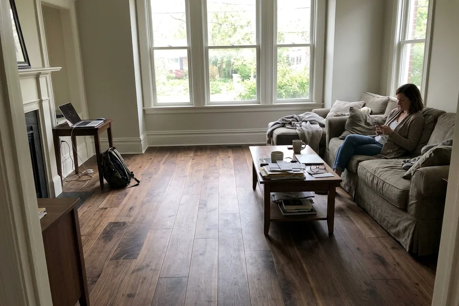 After hardwood refinishing Toronto: wide-plank walnut living room in Forest Hill