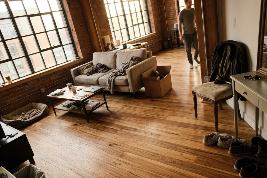 After hardwood refinishing Toronto: loft engineered hickory in Liberty Village