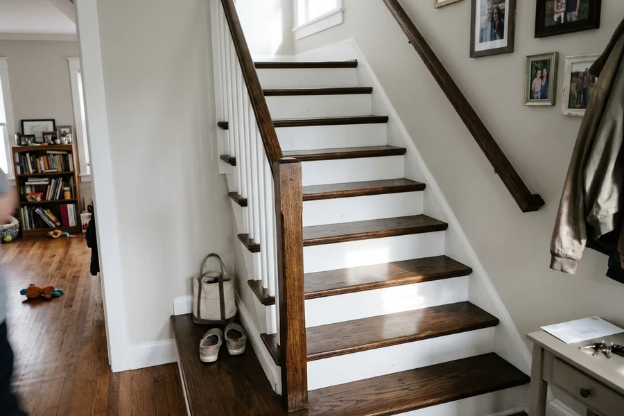 After hardwood refinishing Toronto: two-tone white risers, stained treads in Riverdale