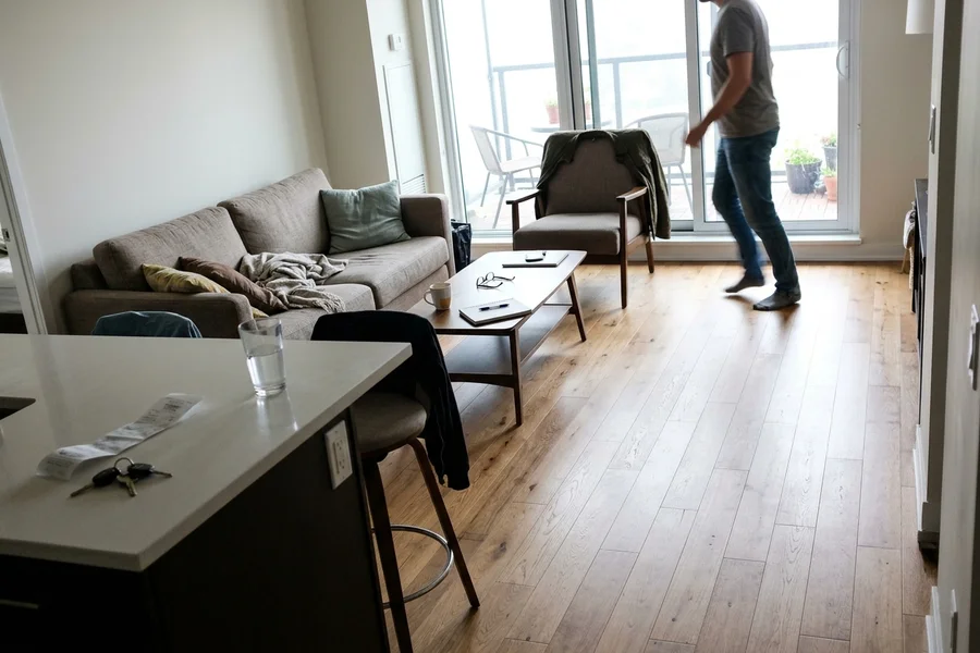 After engineered hardwood refinishing: refreshed condo floor from a different angle