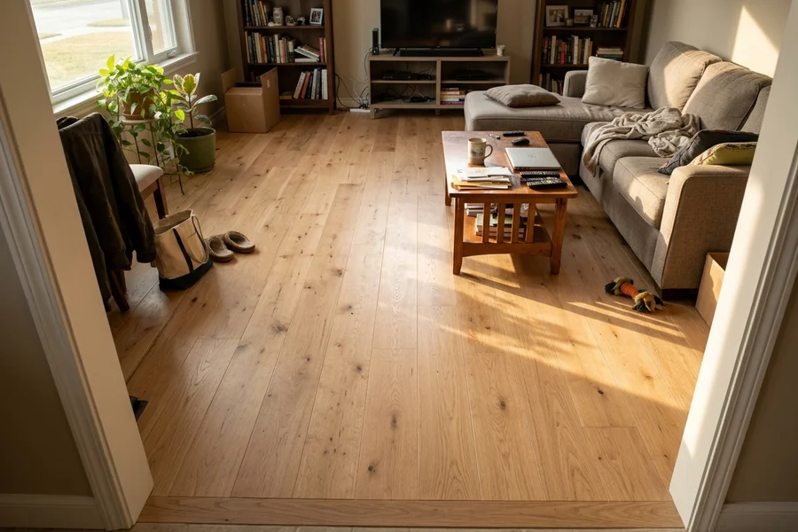 After hardwood floor installation: new solid white oak from a different angle