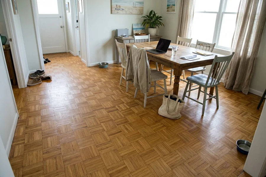After hardwood refinishing Toronto: restored block parquet dining room in The Beaches