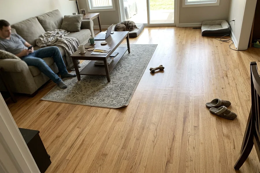 After hardwood refinishing Toronto: family room oak, pet scratches removed in Willowdale