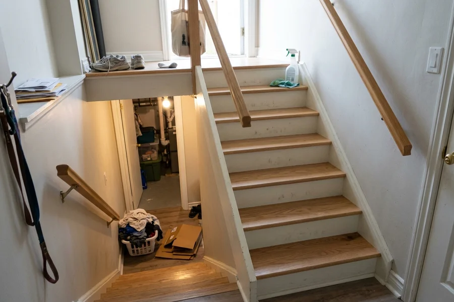 Basement staircase recapped in natural oak with a non-slip topcoat