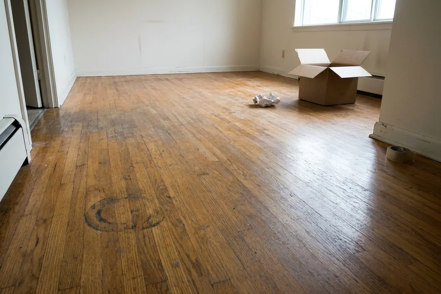 Before hardwood refinishing Toronto: rental suite oak refresh in Bendale