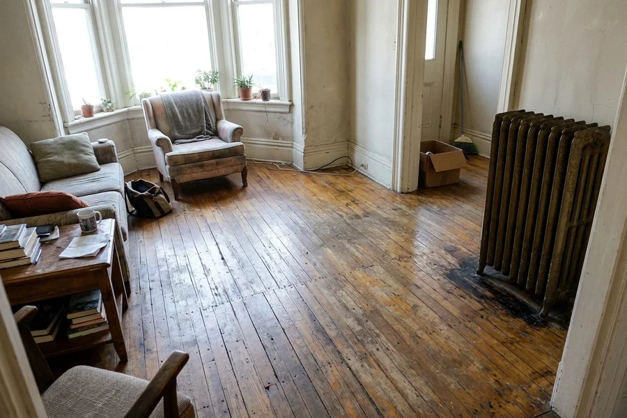 Before hardwood refinishing Toronto: heritage strip oak with board repairs in Cabbagetown