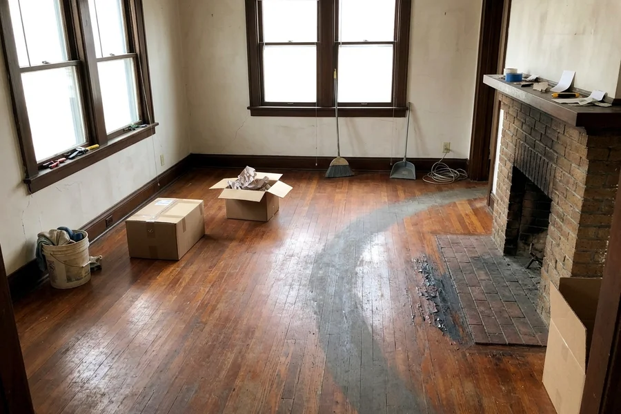 Before hardwood refinishing Toronto: 1920s red oak living room in Rosedale