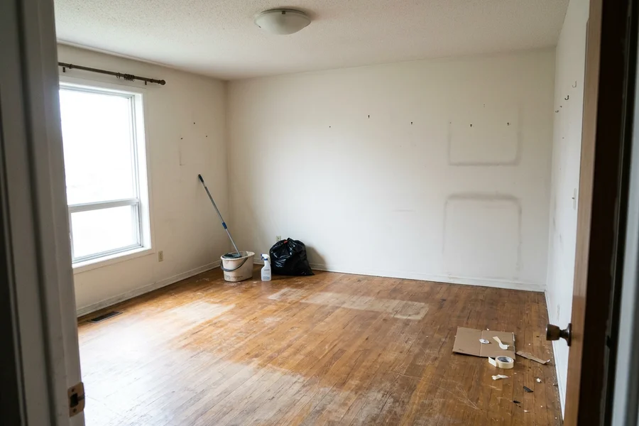 Before screen and recoat Scarborough: scuffed oak in an empty Bendale rental