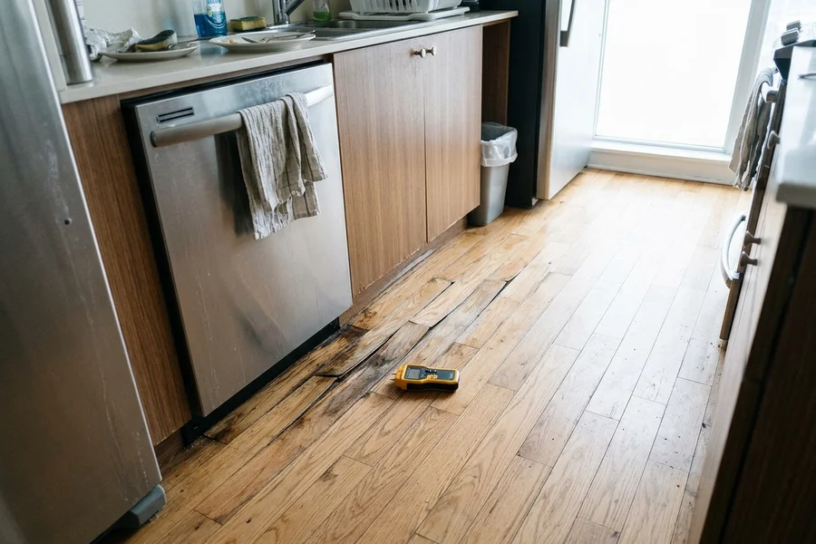 Before water damage repair Etobicoke: cupped oak boards in a Humber Bay kitchen