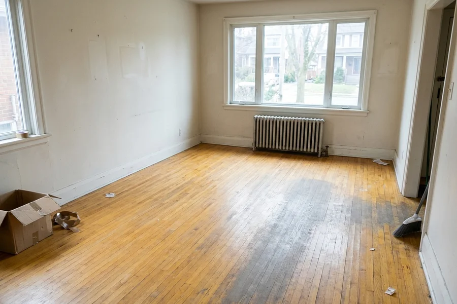 Before dustless hardwood refinishing: yellowed oak in a Leaside bungalow