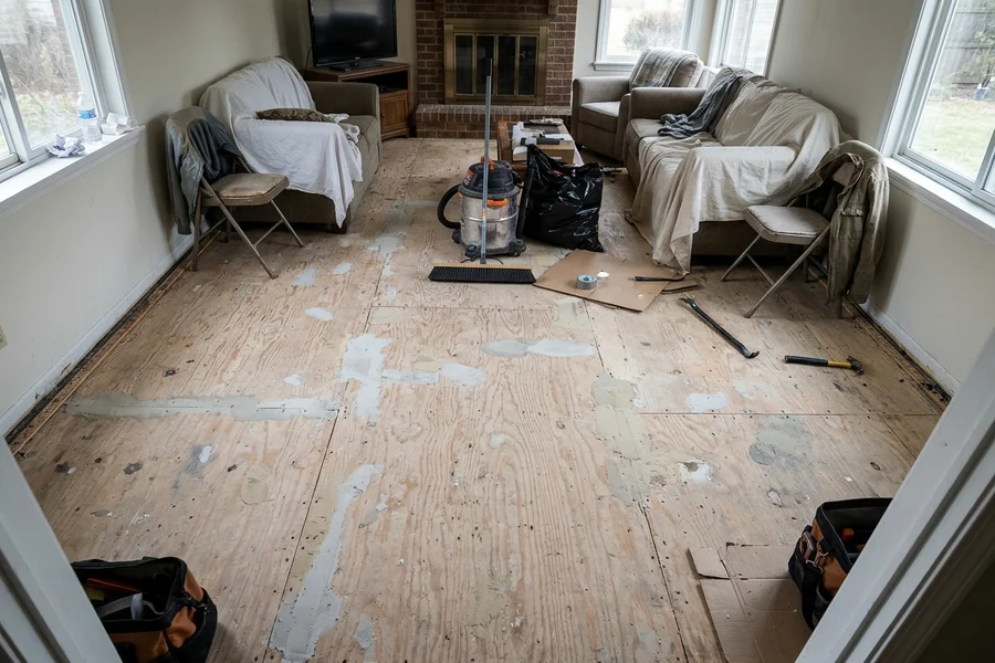 Before hardwood refinishing Toronto: wide-plank walnut living room in Forest Hill