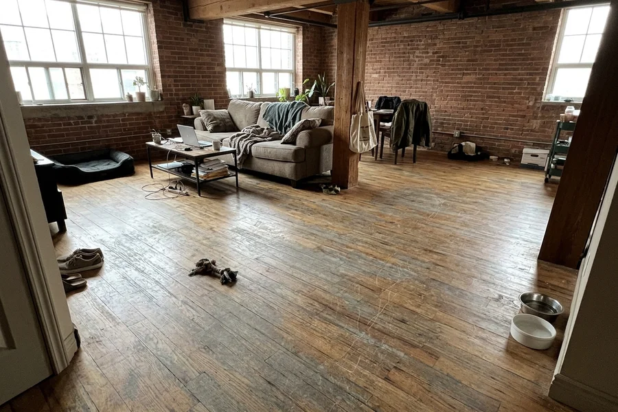 Before hardwood refinishing Toronto: loft engineered hickory in Liberty Village