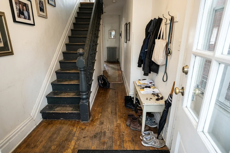 Before hardwood refinishing Toronto: Victorian white oak hallway in The Annex