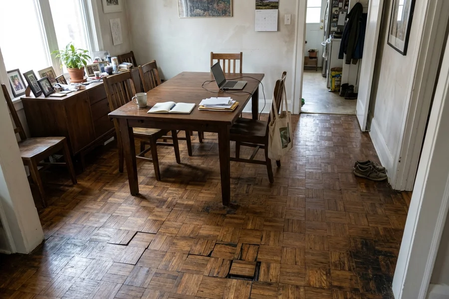 Before hardwood refinishing Toronto: restored block parquet dining room in The Beaches