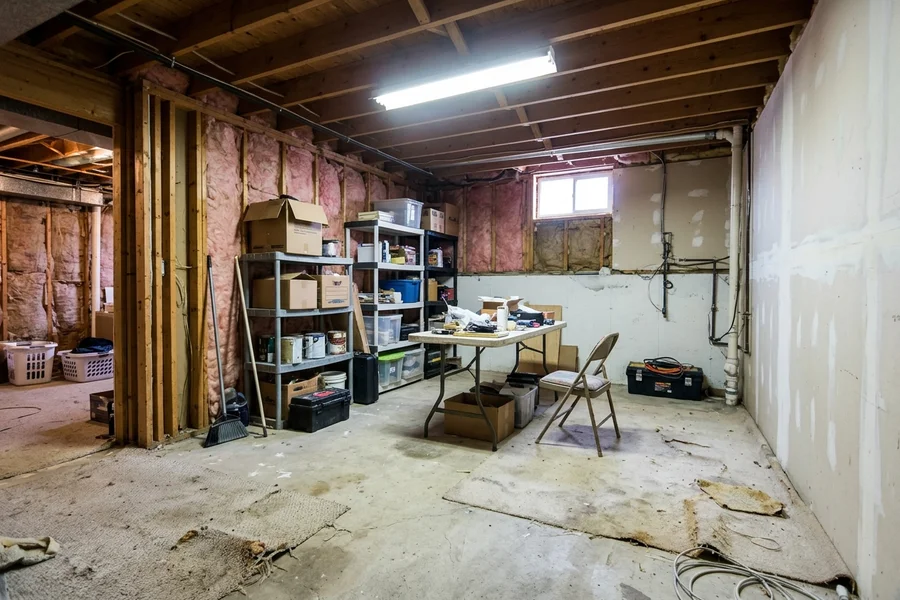 Before vinyl flooring installation: bare basement slab