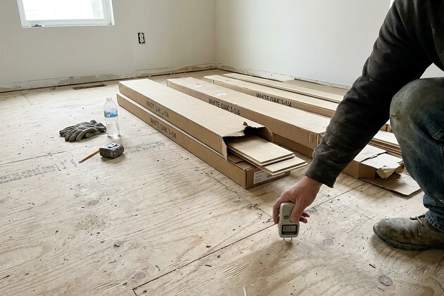 White oak boxes acclimating beside a pin-type moisture meter on the subfloor