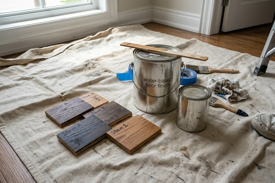 Water-based finish cans and stain sample boards on a Toronto job site