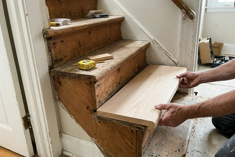 New solid oak bullnose tread being fitted after carpet and tack strip removal