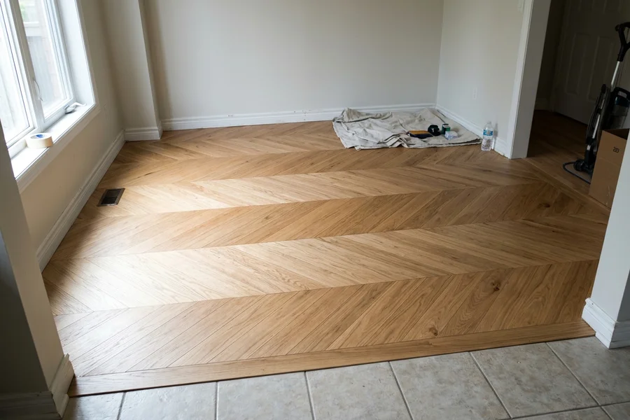 Completed chevron oak floor with a clean transition to kitchen tile in Mississauga