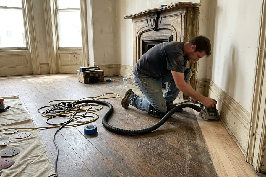 Edge sanding along the baseboard with a Clarke American edger in an Annex Victorian