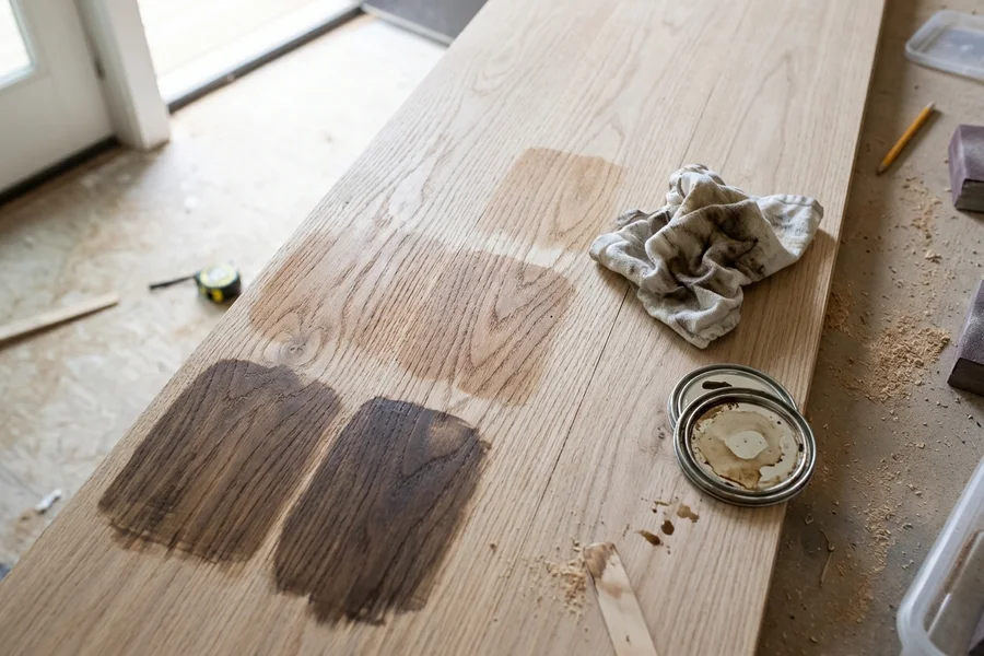 Custom stain test patches on sanded white oak during a Toronto hardwood refinishing job