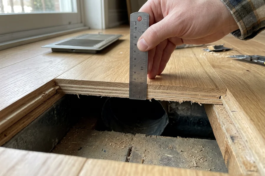 Engineered board edge at a floor vent showing a 3mm oak wear layer over a plywood core