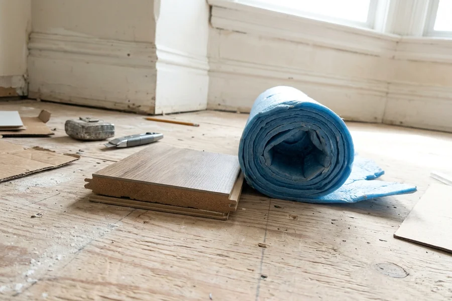 12mm laminate plank showing its HDF core beside an underlayment roll
