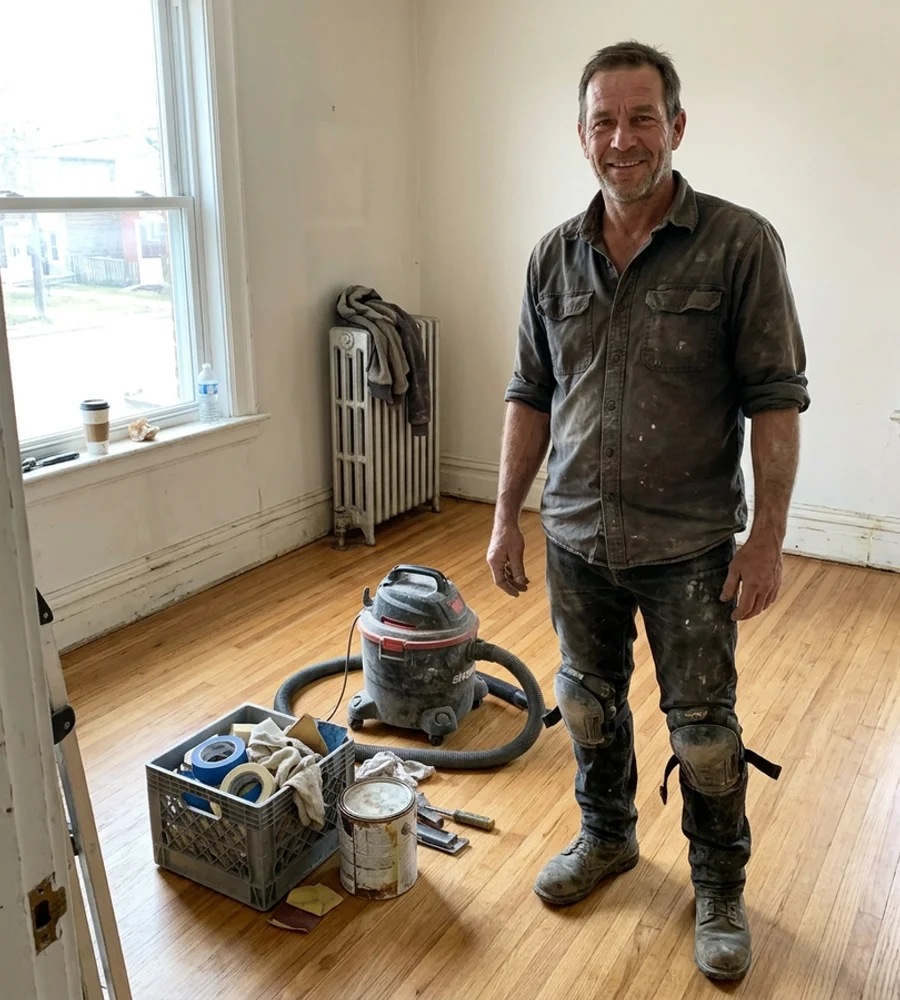 Dmitri Volkov, founder of Hardwood Refinishing Toronto, in an empty room with refinished oak floors