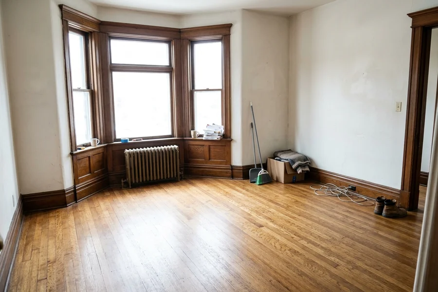 Restored white oak in an empty Annex Victorian front room