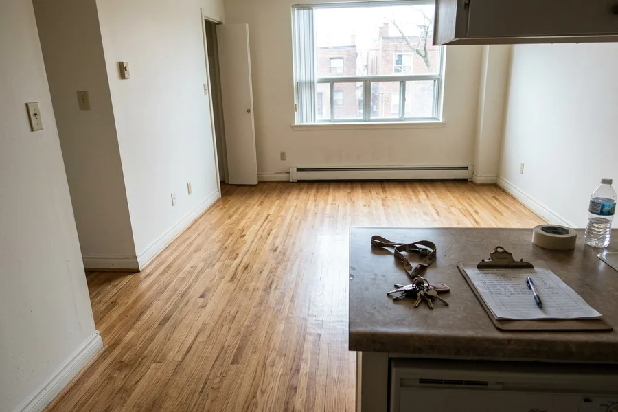 Empty Toronto rental unit with a freshly refinished oak floor after tenant turnover