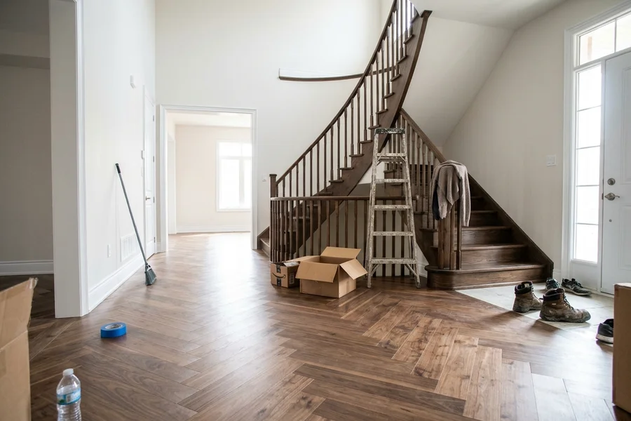 Walnut chevron floor installed in a new-build Vaughan foyer