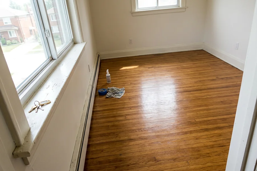 Rental bedroom oak floor after a one-day screen and recoat in Scarborough