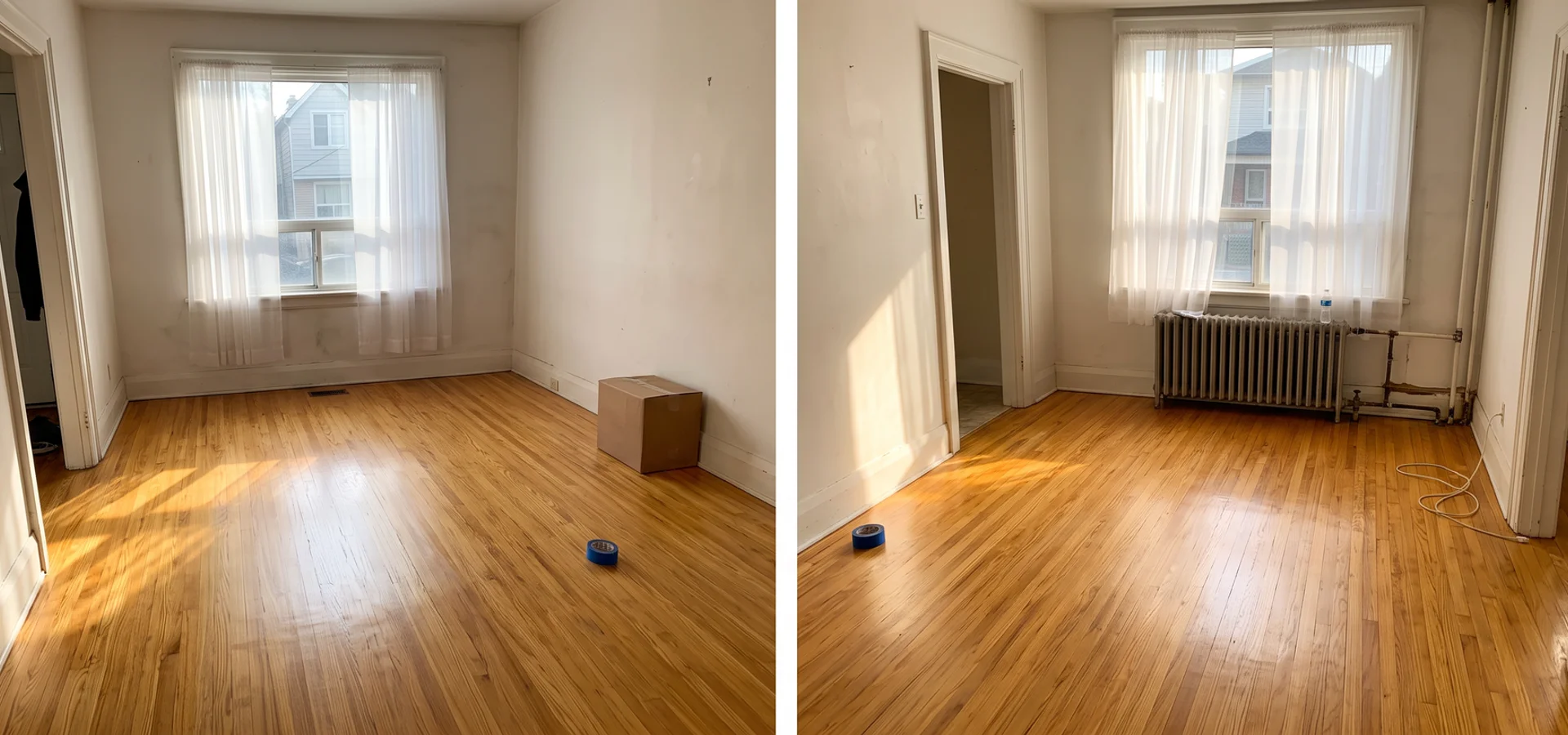 Freshly refinished honey oak floor in an empty Toronto living room