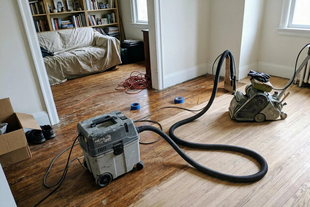 Dustless hardwood refinishing Toronto: Festool HEPA extractor connected to a floor sander