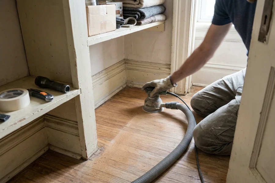 Festool palm sander detailing a closet corner in a heritage Toronto home