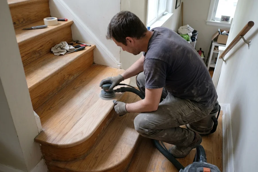 Hand-sanding a stair tread nosing with a Festool palm sander in Leaside