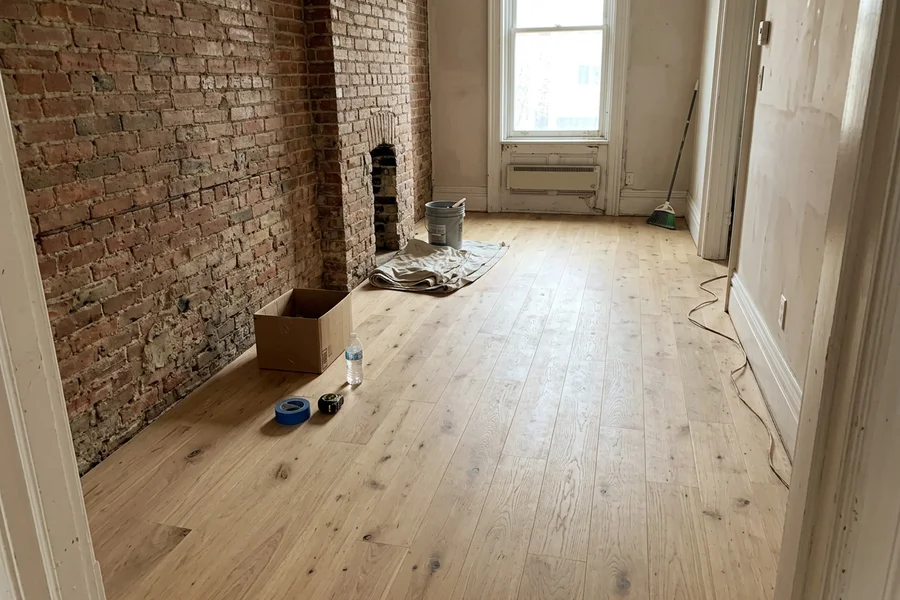 Finished natural white oak in an empty Trinity Bellwoods living room