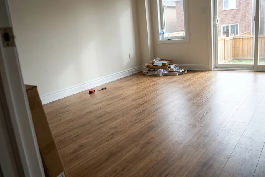 Finished oak-look laminate in a Brampton family room