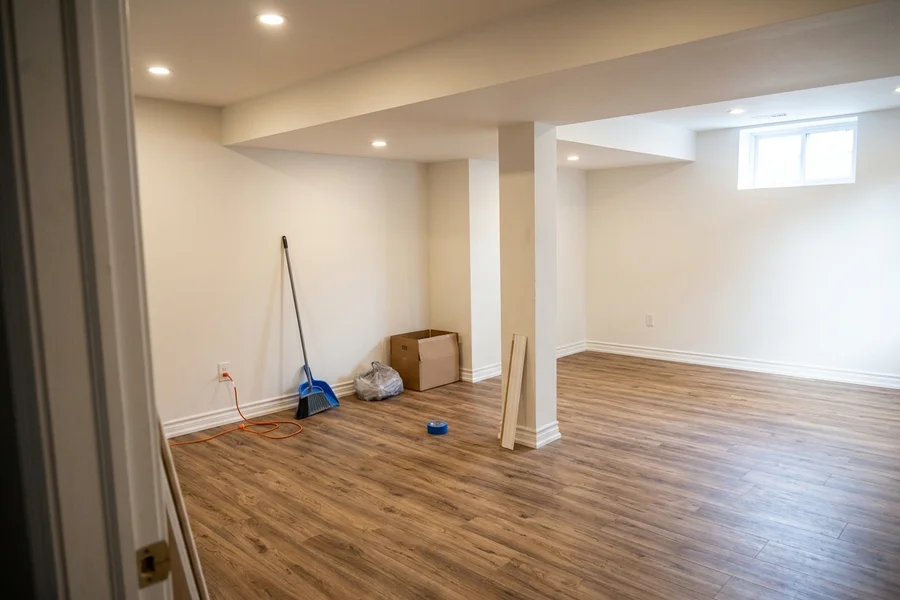 Finished rigid-core vinyl plank in a Bendale basement suite