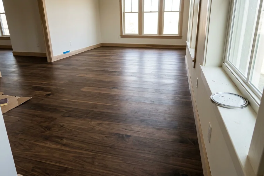 Wide-plank walnut floor installed in a Kleinburg great room