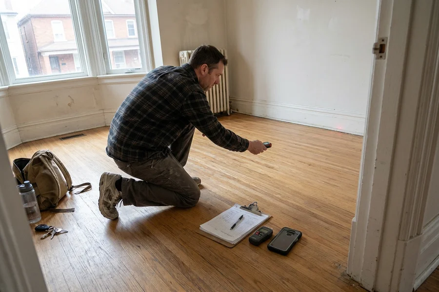 Estimator measuring an oak floor with a laser measure and moisture meter