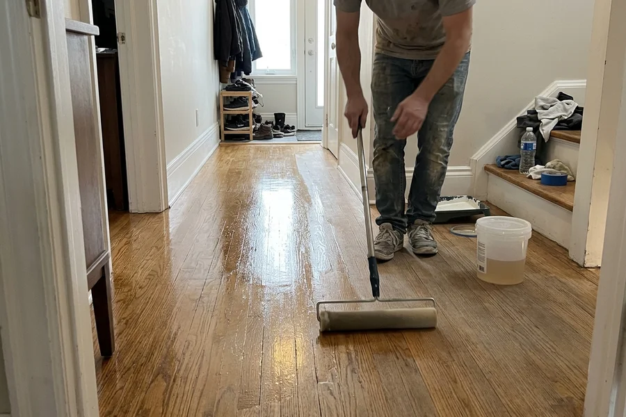 Fresh topcoat being applied with a T-bar to a screened oak hallway
