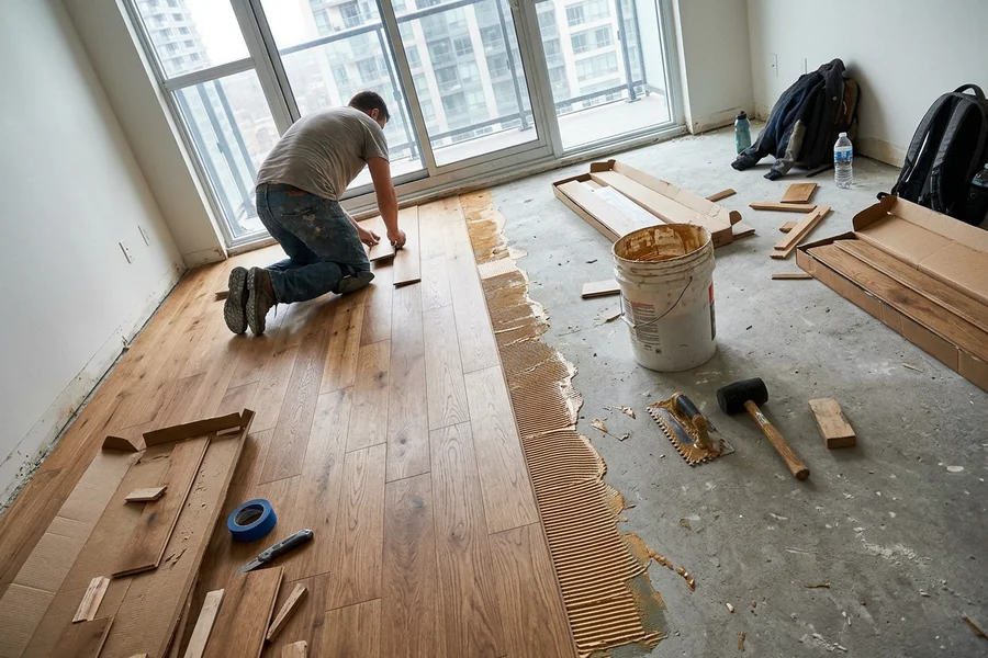 Glue-down engineered oak going down over a concrete slab in a Toronto condo