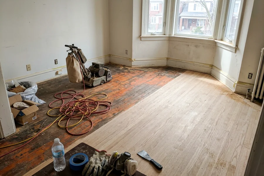 Half-sanded, half-finished red oak floor in a Toronto dining room